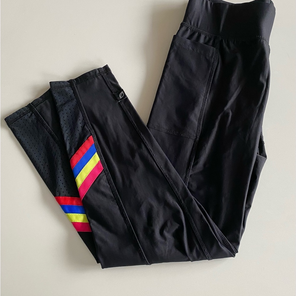 Terez Black Ankle Leggings with Multi Ribbon Stripe Detail Medium